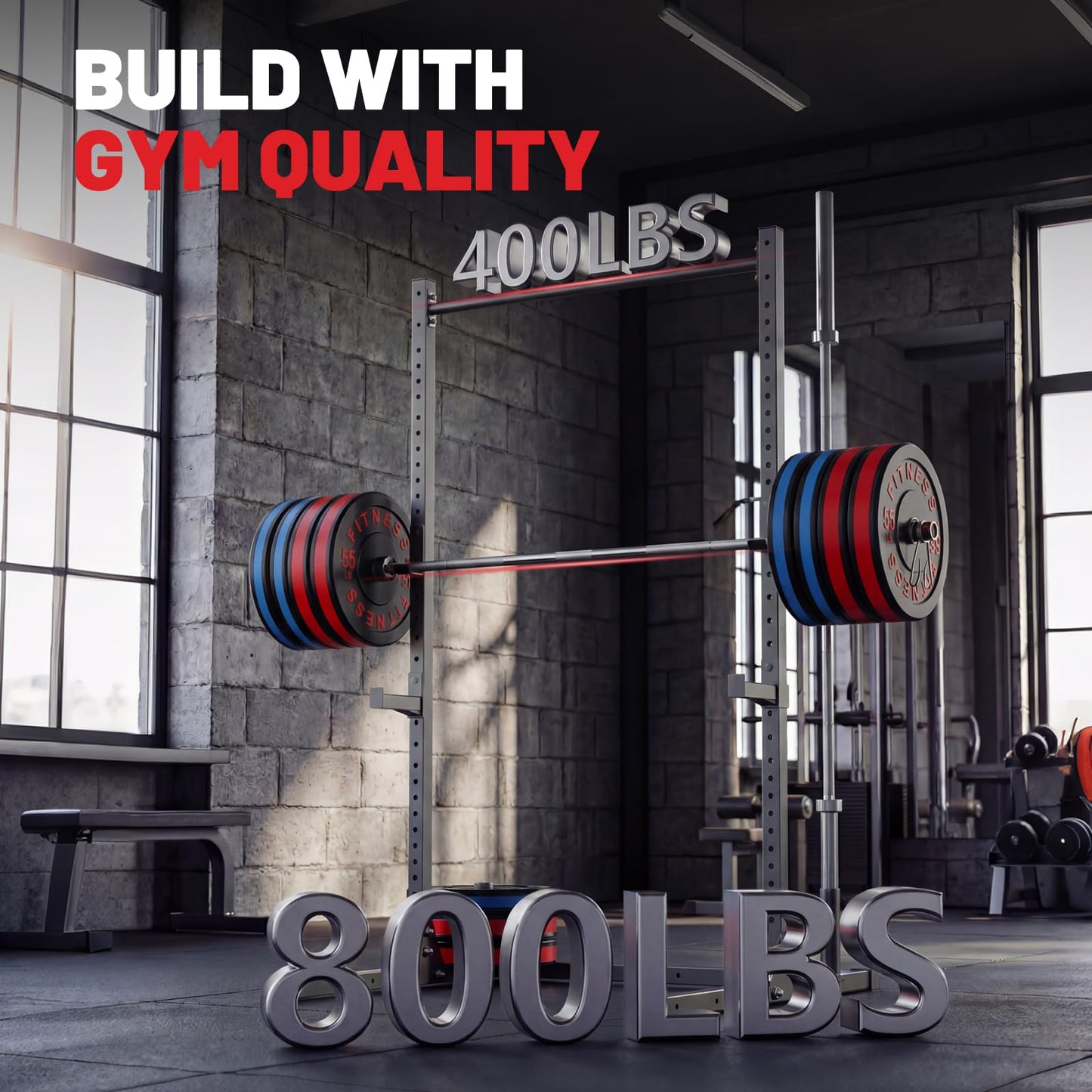 Squat Rack with Pull Up Bar for Home Gym, Adjustable Power Cage with J-Hooks, Multi-Functional Power Rack for 6FT, 7FT Barbell, Strength Training and Bodybuilding Equipment