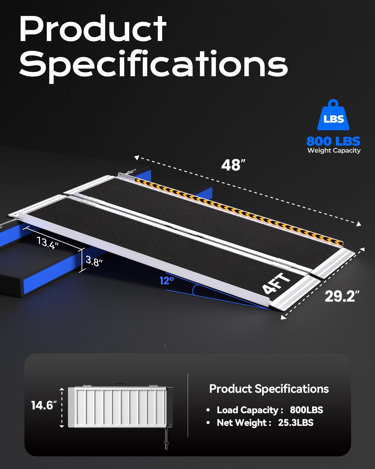 KOLOTOOL Wheelchair Ramp 4ft, Non-Skid Aluminum Portable Ramps for Wheelchairs for Home Steps, 800 LBS Capacity Wheel Chair Handicap Ramp for Entry, Doorway, Homes, Stairs 48" Lx 29.2" Wx2H
