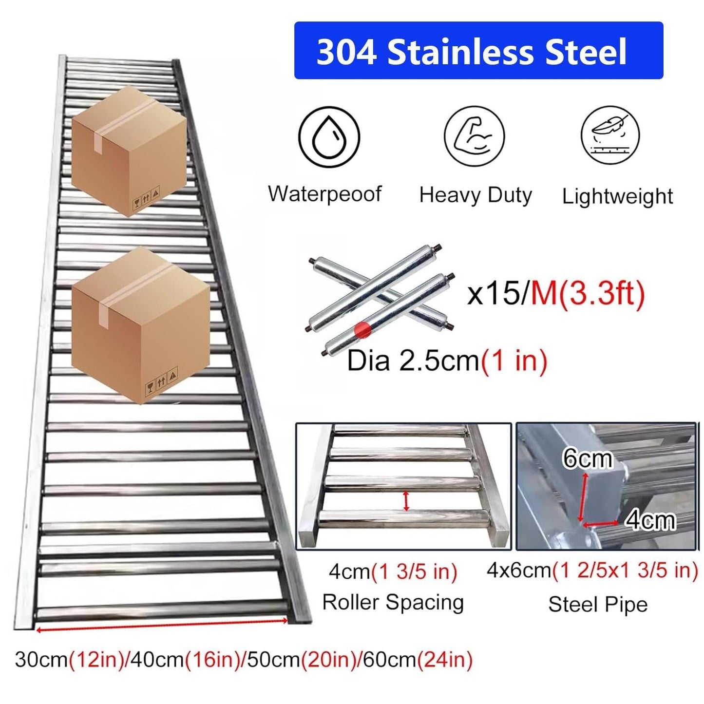 Heavy-Duty Portable Roller Conveyor Table, 40cm Wide, 330lbs Capacity, Foldable Flow Rail Rollers, Stainless Steel Frame for Warehouse & Assembly Line Use