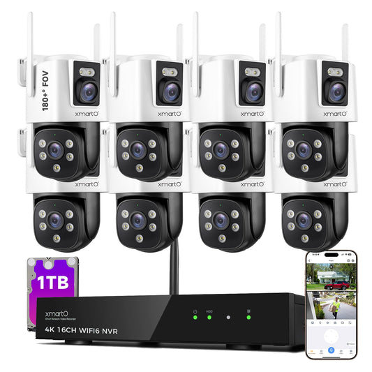 XMARTO [8 Dual-Lens Camera Bundle] 16-View Long Range WiFi6 Mesh Security System, 16CH 4K Dual Band NVR, 4MP 180°+Static FOV & 360°PTZ AI Tracking, 24/7 Plug-in Surveillance, 1TB HDD, No Monthly Fee