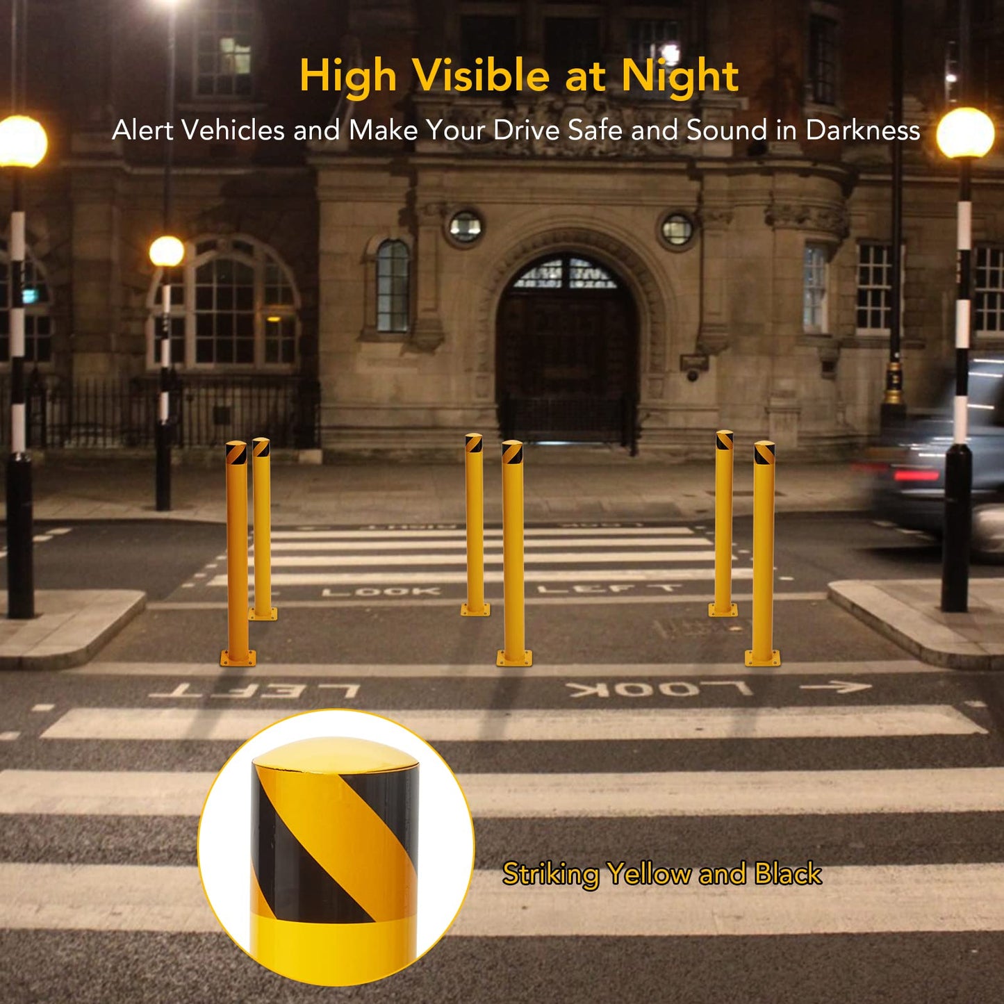 Safety Bollard Post 6 Packs, PeakPursuit 48 Inch Height Steel Bollards, 4.5 Inch Diameter Parking Bollard, Yellow Powder Coated Safety Parking Barrier Post, for Traffic Sensitive Areas