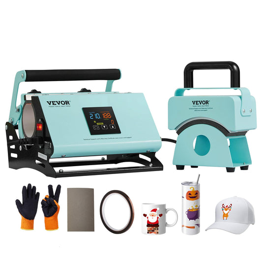 VEVOR 2 in 1 Tumbler and Hat Heat Press Machine, Mini Press for Caps, 11-30oz Sublimation Mugs, Temperature and Time Control, Green