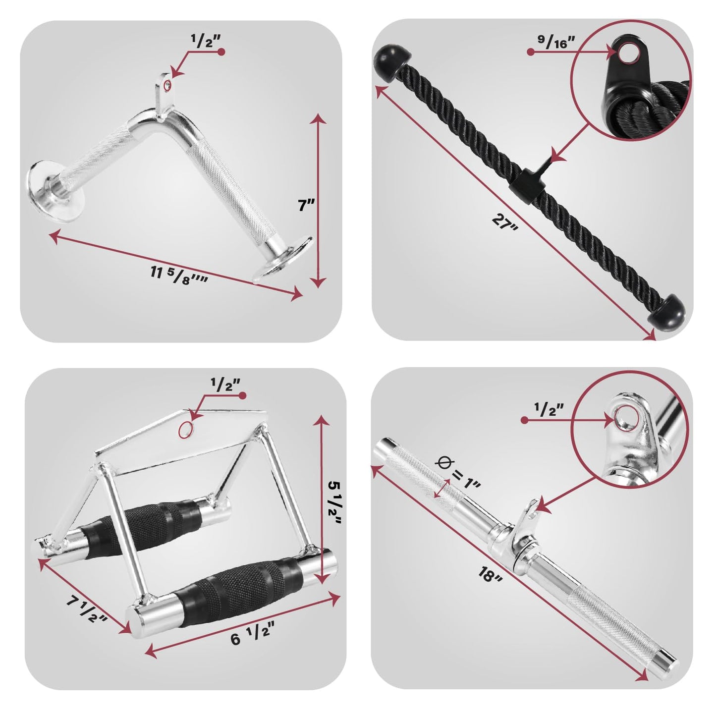 Yes4All Combo Double D Handle, Tricep Rope, Straight Bar & V Bar, Multi Cable Machine Accessories, Tricep Press Down & LAT Pulldown Attachments for Home Gym Set