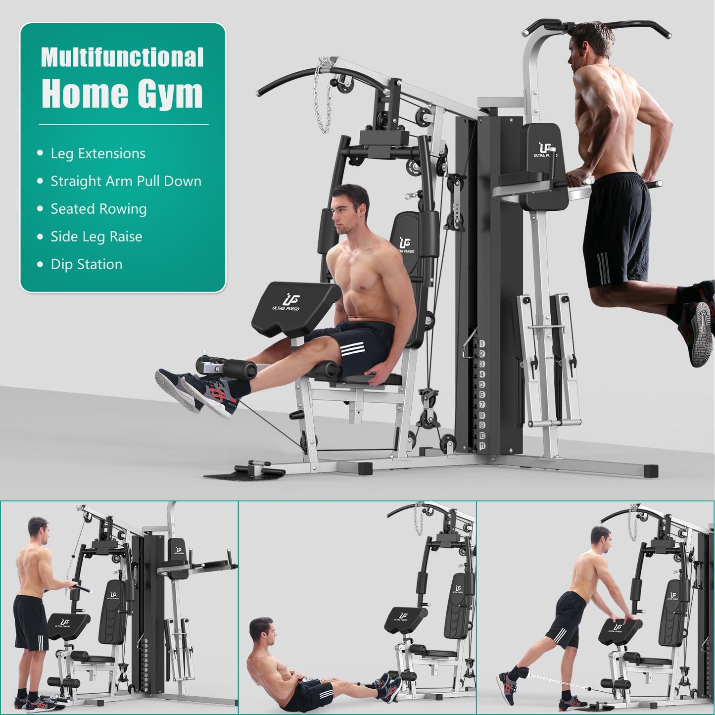 ULTRA FUEGO Multifunctional Home Gym Equipment Workout Station with Pulley System, Arm, and Leg Developer for Full Body Training (1186L Black Home Gym Station with Power Tower)