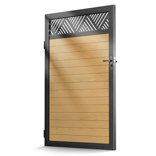 TORMIZ 4x6 FT (46.8"x70.8") All-Aluminum Fence Gate Kit with Wood-Grain Panels – Heavy Duty Anti-Sag Metal Gate Frame, Pre-Installed Left/Right Mount (All-in-One Kit, Panels Included)
