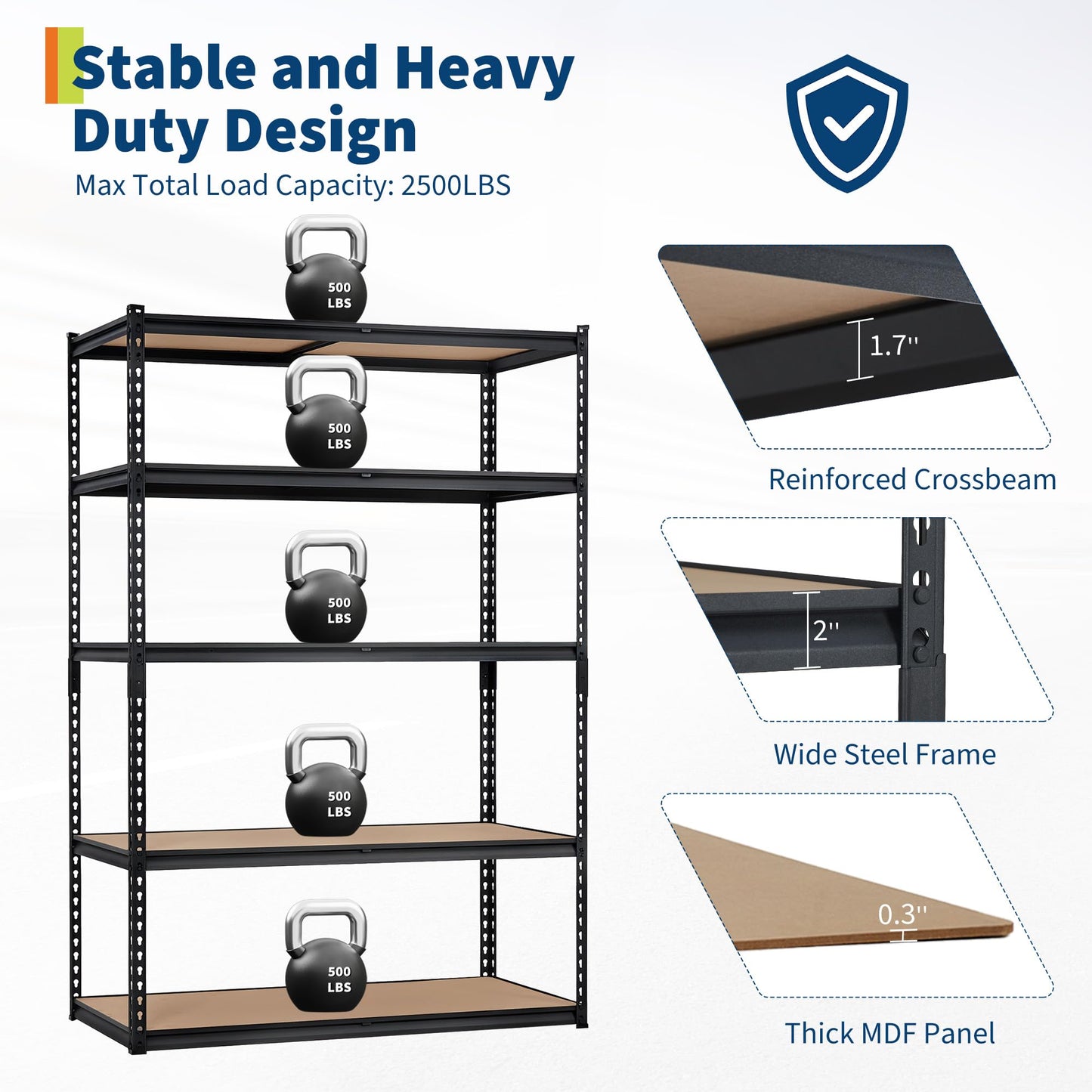 MilleLoom 48 in l x 24 in w x 72 in h 5-Tier Heavy Duty Storage Shelving Rack, 2500 LBS Capacity, Adjustable Metal Shelves for Kitchen Pantry, Basement, Bathroom, Laundry Room Organization