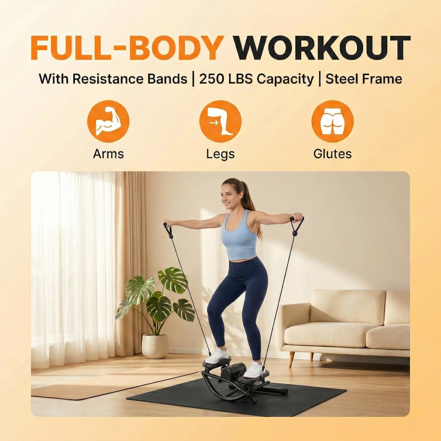LAMOR Rock Stepper, Side to Side Lateral Rocking Fitness Stepper for Home & Office Workout, Compact Mini Step Machine with Resistance Bands & Anti-Slip Mat, 250 LBS Capacity (Black)