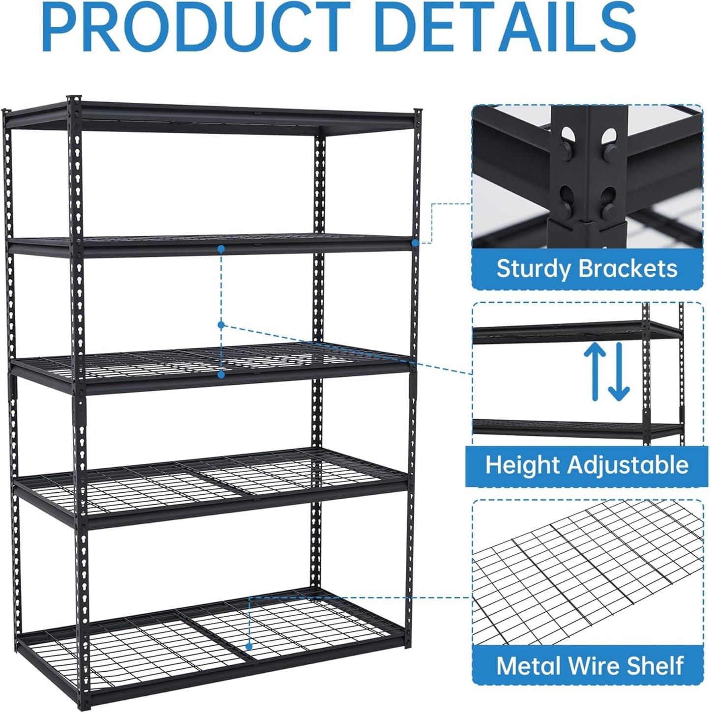 PioneerWorks 2500 Lbs Capacity Heavy Duty Garage Shelving, 48x18x72 Inch 5-Tier Metal Wire Shelves, Adjustable Industrial Storage Rack for Garage, Basement, Warehouse Organization