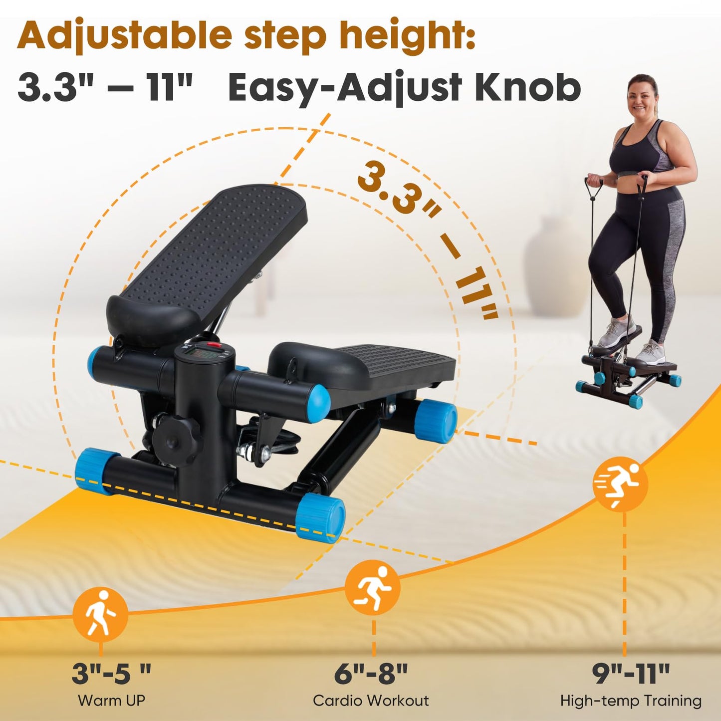 Aidoly Stair Stepper with Resistance Bands for Home Exercise, Mini Stepper Machine for Indoor Fitness, Portable Home Gym Stepper for Full Body Workout, 300LBS Capacity, Black and Blue