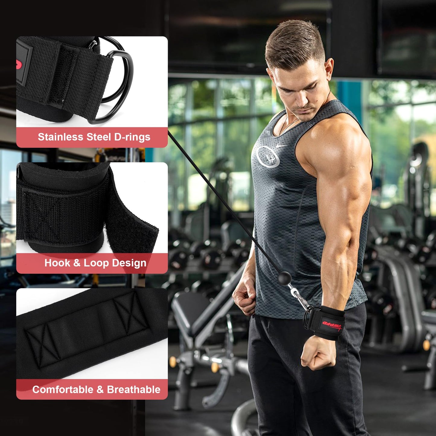 Wrist Straps for Cable Machines Wrist Cuffs for Men Woman Neoprene Padded Straps for Gym Strength Training Equipment (Black, M)