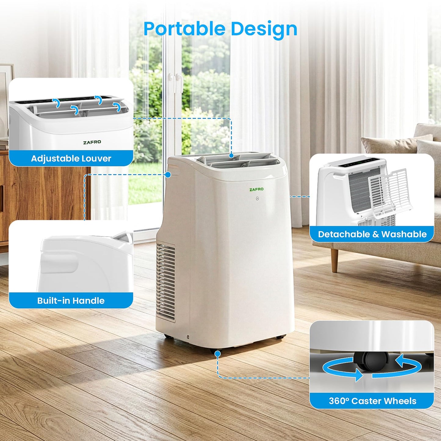 ZAFRO Portable Air Conditioners, 10000 BTU, 3 in 1 Portable AC with Drainage-free Cooling, Fan & Dehumidifier, Smart AC Unit with APP/Remote Control, 47dB Quiet, 24H Timer for Living Room, Bedroom