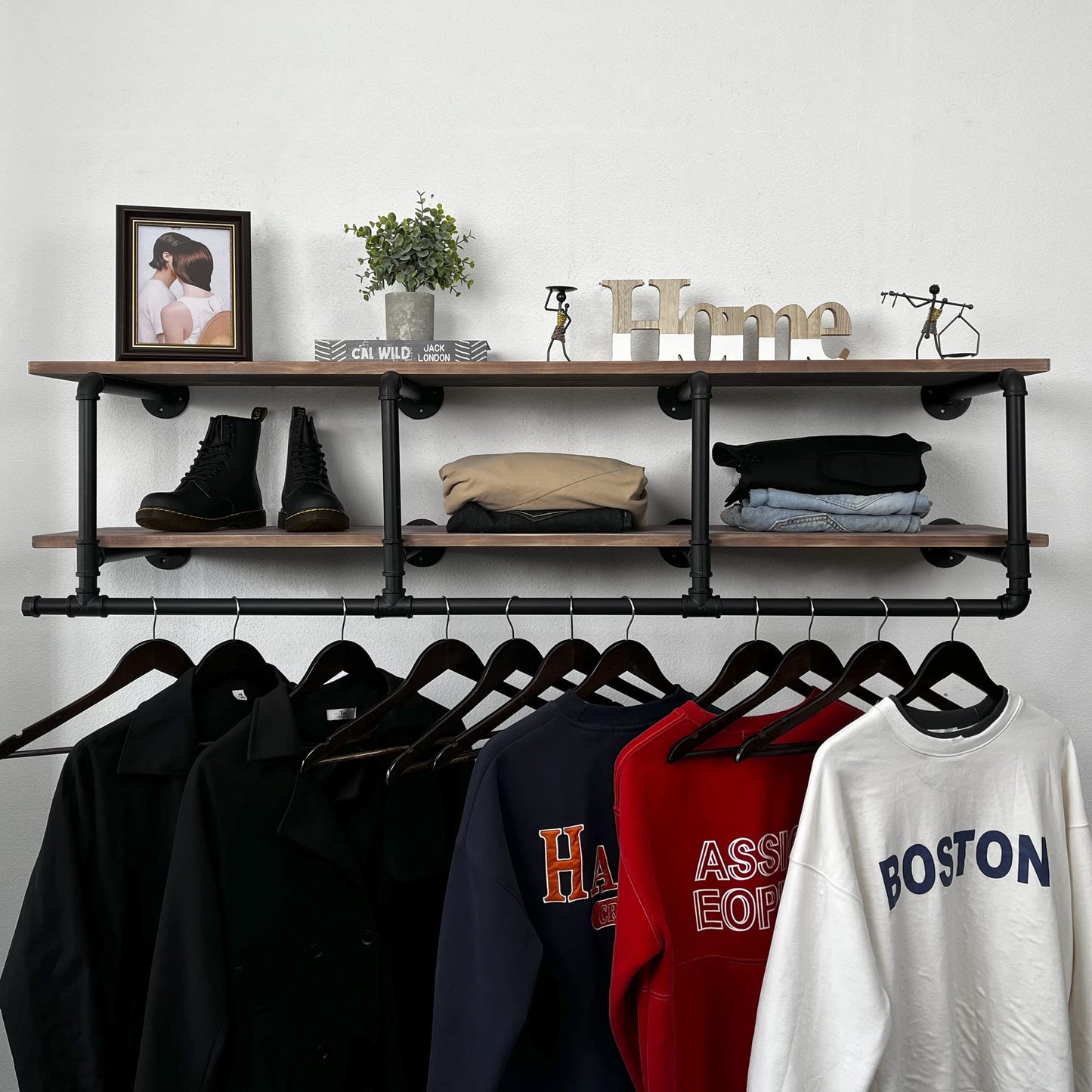 TEDIDUWA 60In Industrial Pipe Clothing Rack with Top Shelf, Space-Saving Wall Mounted Clothes Rack 2 Tiers Pipe Shelves, Shelf with Hanging Rod for Laundry Room, Closet Storage
