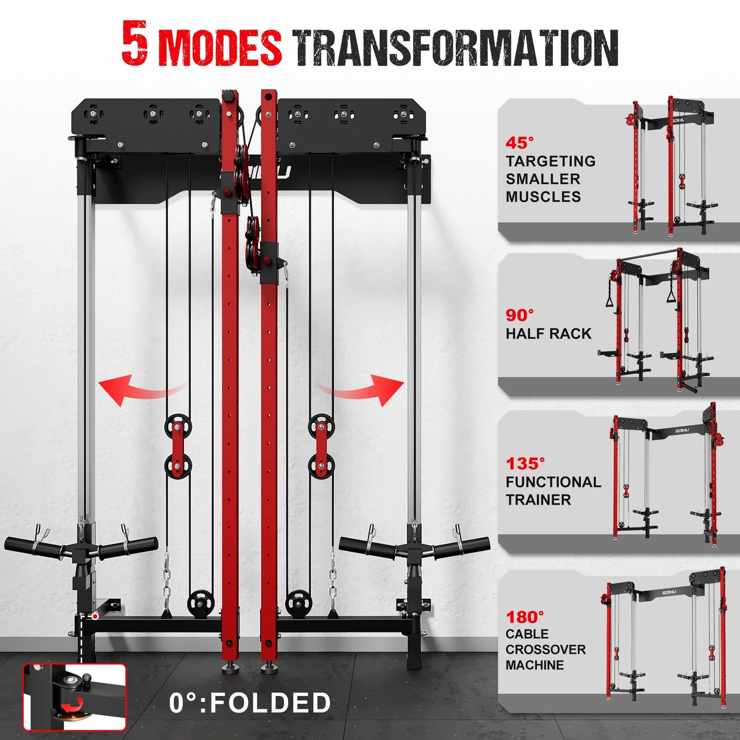 GOIMU WM3-V4 Folding Squat Rack, Wall Mounted Power Rack with Dual Independent Pulley System, Functional Trainer with 5 Adjustable Function Modes for Space Saving (WM3 Folding Cage Red)