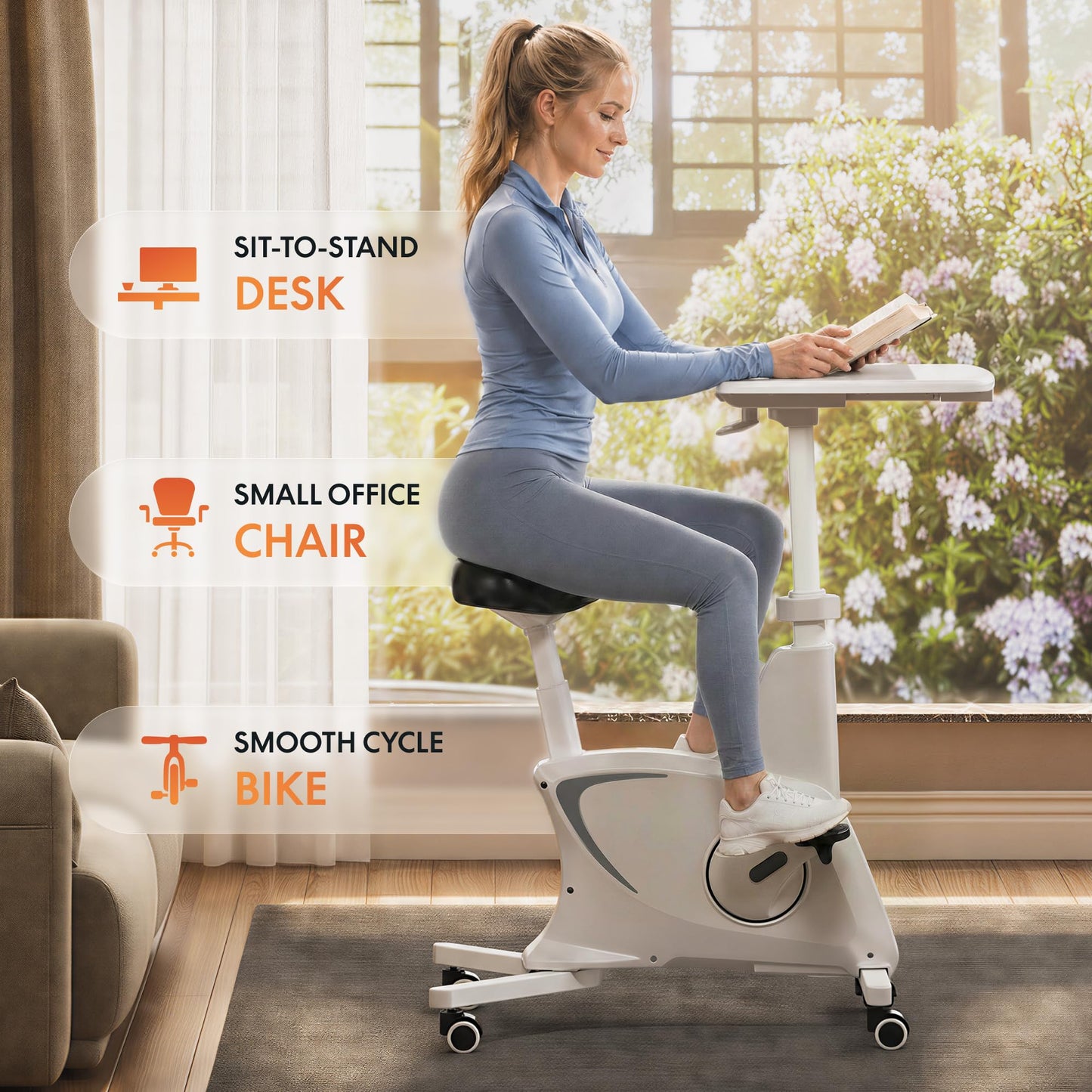 FLEXISPOT Exercise Bike with 2D Desktop, Space Saving Under Desk Bike with Removable Desk, Stationary Bikes Upright Indoor Bikes with 8 Level Magnetic Resistance Upgraded Pro Flywheel, V9 White