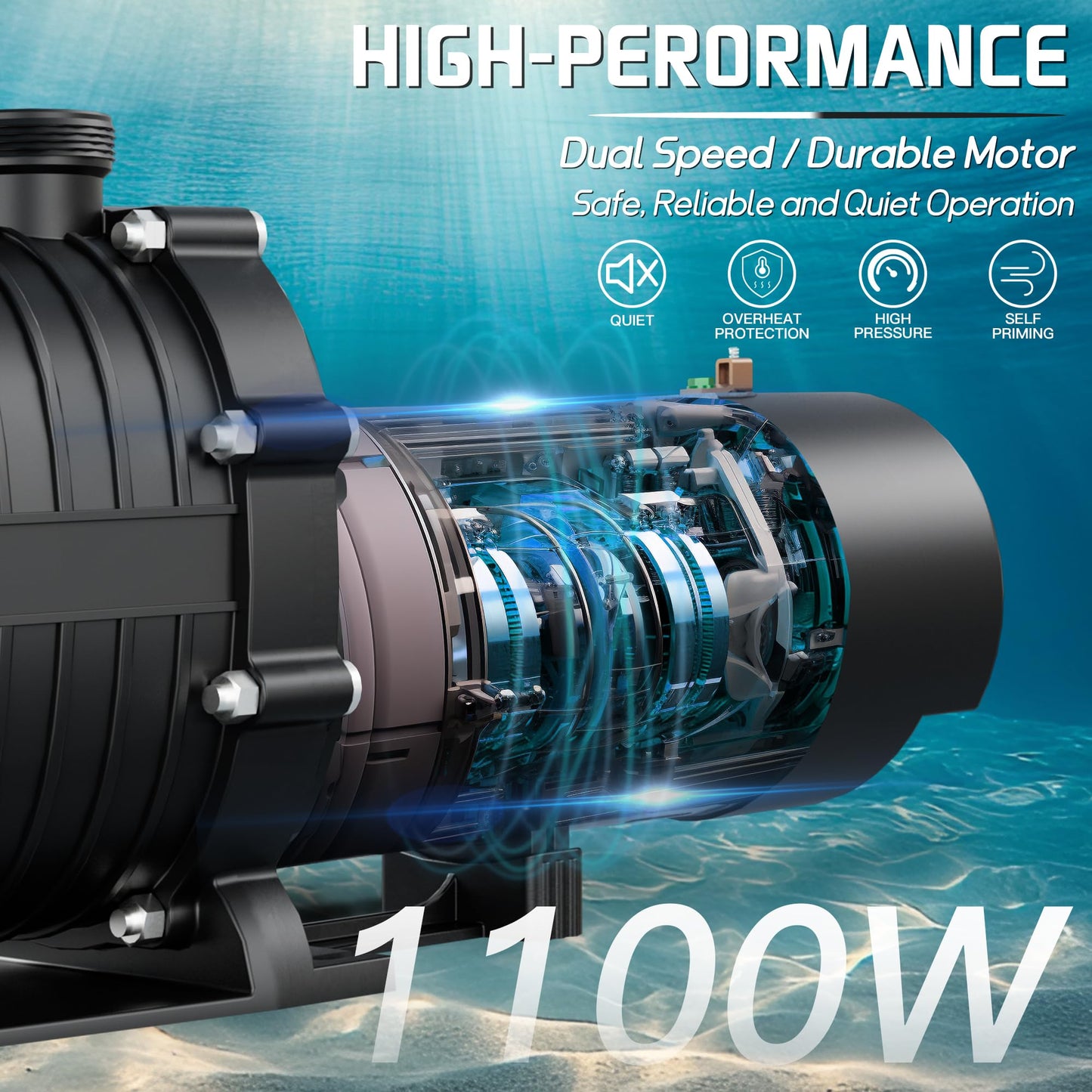 LANCHEZ In/Above Ground Pool Pump, Self Primming (Dual Speed, 1.5 HP, 6300 GPH, 115V, 1.5" & 2" NPT Adapter, Strainer Basket), Deep black
