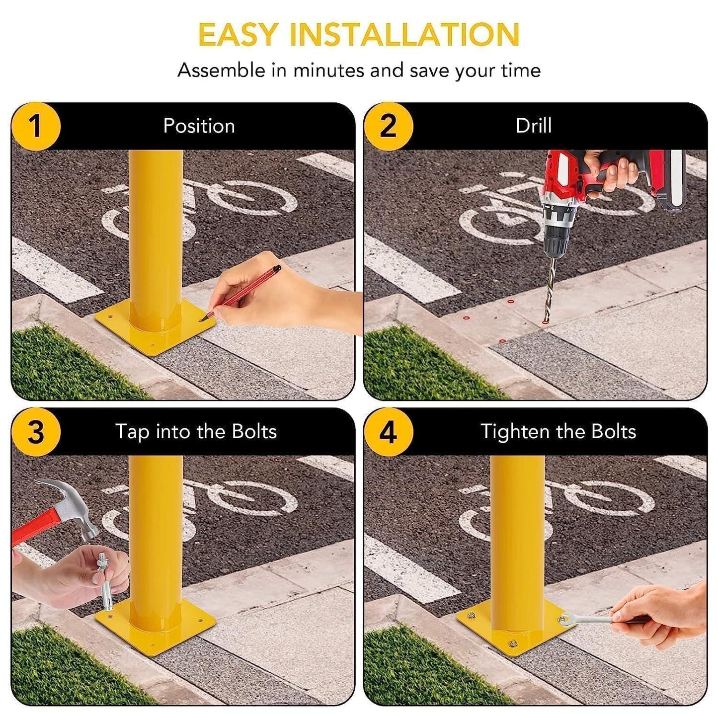 4 Packs 48 Inch Safety Bollard Post, 4.5 Inch Diameter Steel Pipe Bollard with 16 Anchor Bolts, Heavy Duty Yellow Steel Bollard for Parking Lot Security, Driveway Barrier, Warehouse Entrance