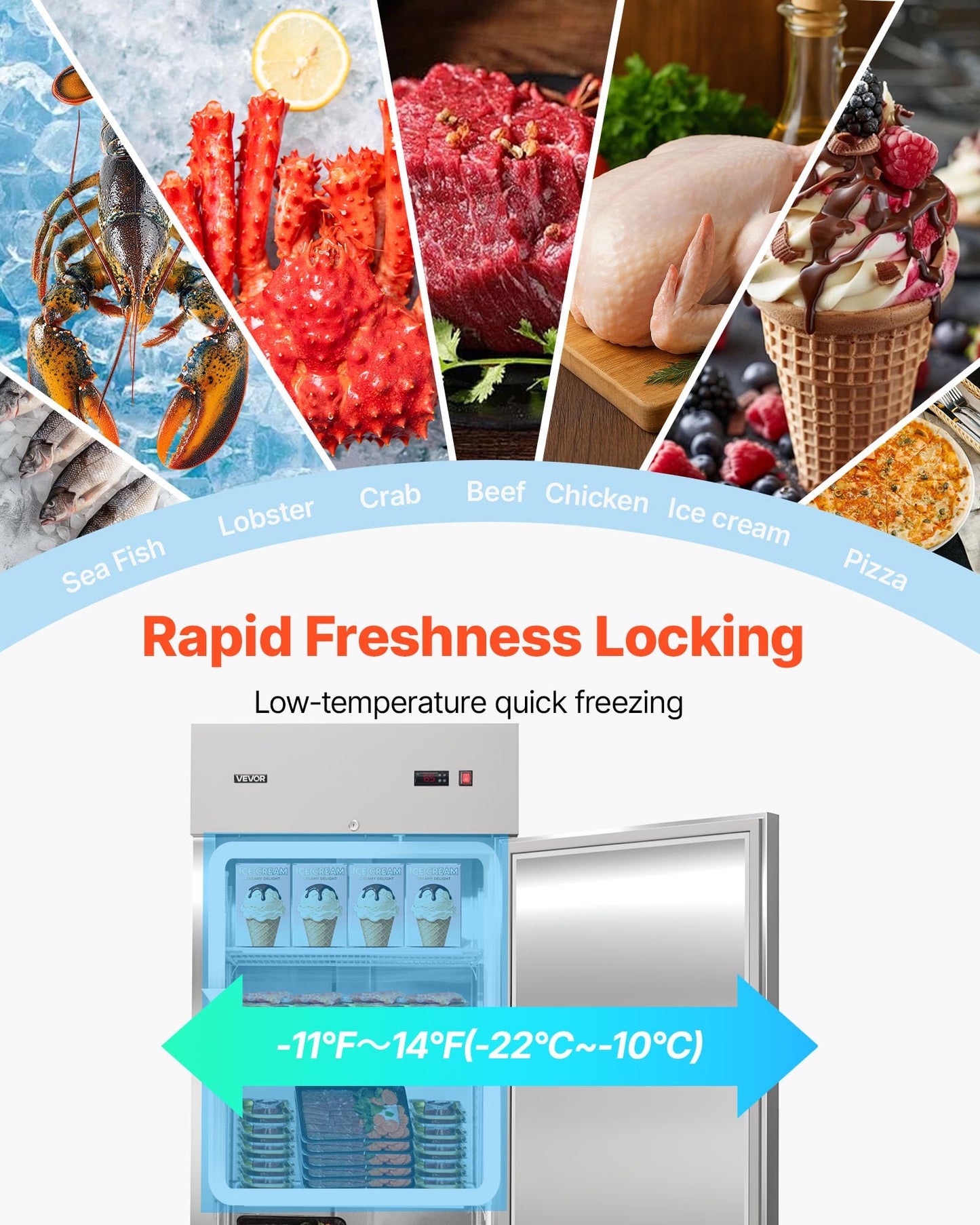 VEVOR Commercial Reach-In Freezer 29" W, 22 Cu.Ft Stainless Steel Upright Freezer with Single Door, Auto-Defrost, 4 Adjustable Shelves, -11 to 14℉ Temp Control, LED Light, ETL Certified