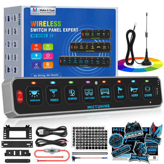 MICTUNING MS-W 8 Gang Slim Wireless Switch Panel, 208FT Range Multi-Panel Control, Toggle Momentary Strobe Pulsed Flash, RGB Dimmable Backlit, Circuit Relay System Box, No Drilling for Car RV UTV