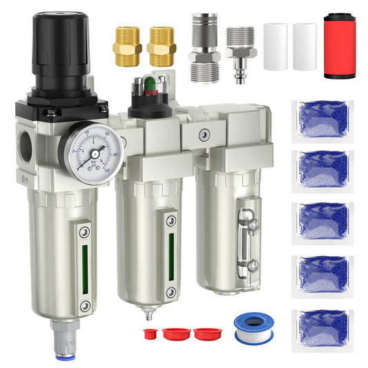 3/4" NPT Air Compressor Water Separator, Industrial Grade 3 Stage Air Drying System with 0-240 PSI Air Regulator, Particulate Filter, Coalescing Filter, Desiccant Dryer, Metal Bowl, Auto Drain
