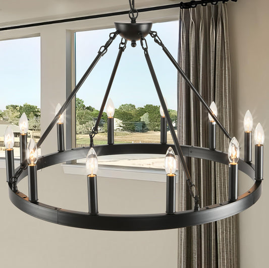 ZBMYRBZJ Black Wagon Wheel Chandelier 32 inch,12-Light Farmhouse Wagon Wheel Chandeliers Round Industrial Ceiling Light fixtures for Porch high Ceilings Living Dining Room Foyer Entryway
