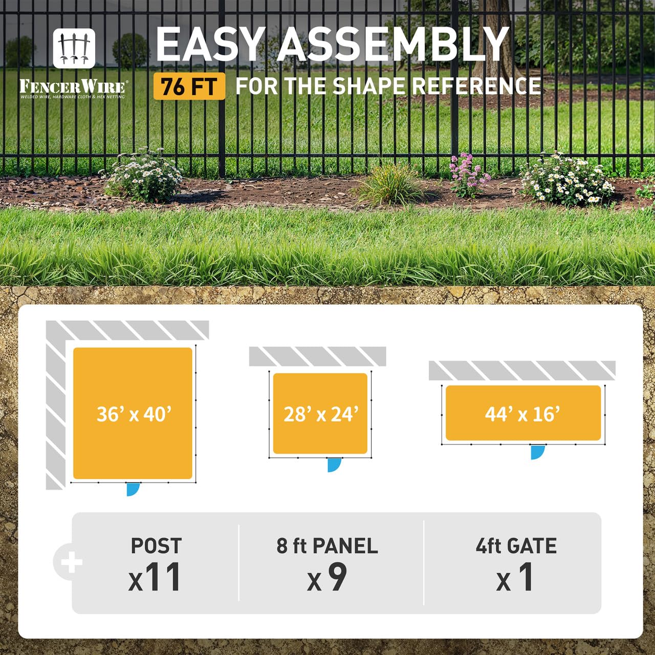 Fencer Wire 76FT Heavy Duty Flat Top Fence Barrier Kit, Anti-Rust Metal Steel Fence with 6FT Height X 8FT Width Panels, with Arched Gate, Posts, Connectors, Outdoor Fencing for Yard
