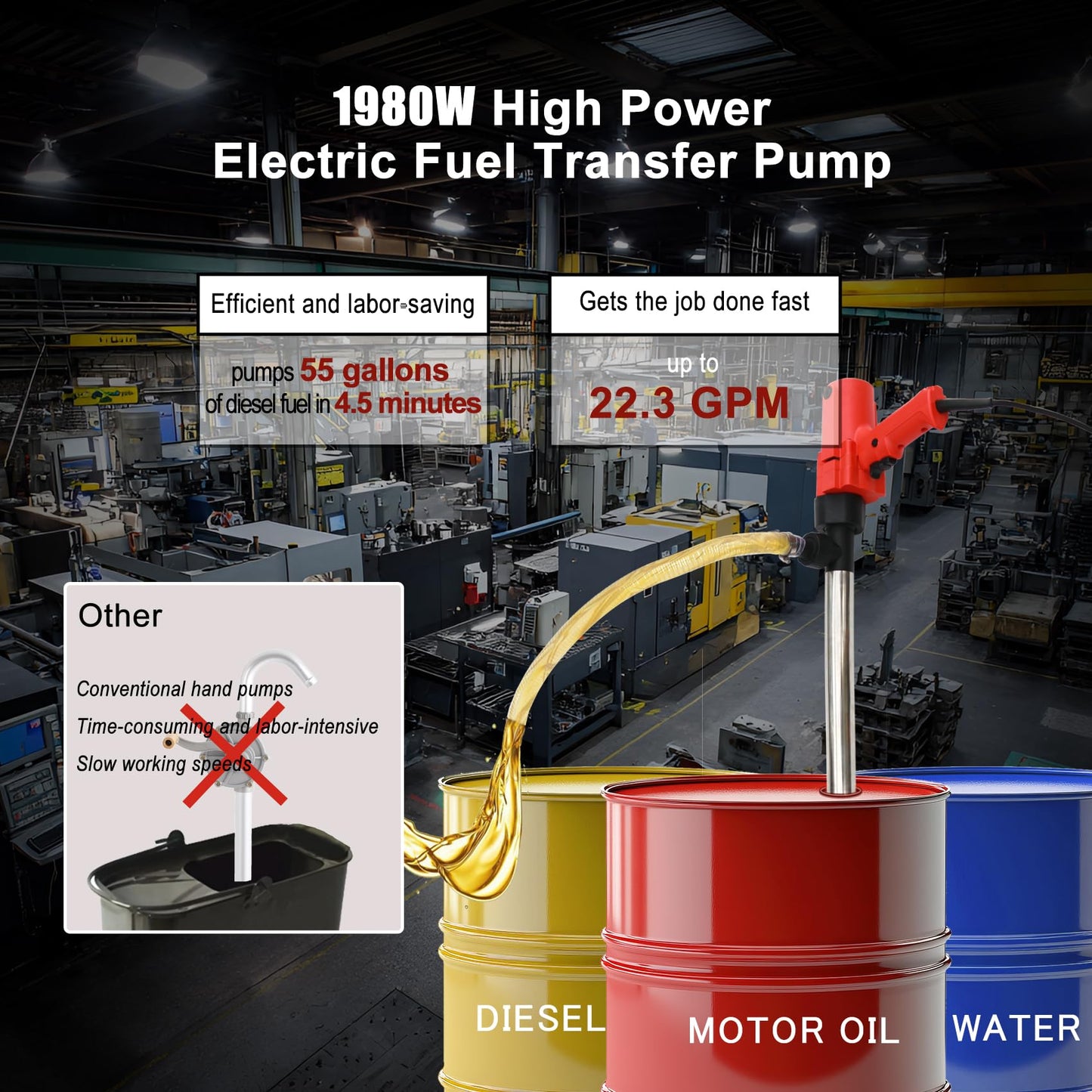 1980W Electric Fuel Transfer Barrel Pump, 110V 11000RPM,for 55Gallon Electric Transfer Pumps with 36in Stainless Steel Tube and 6.6ft Steel Wire Hose, for Diesel,Kerosene,White oil，etc