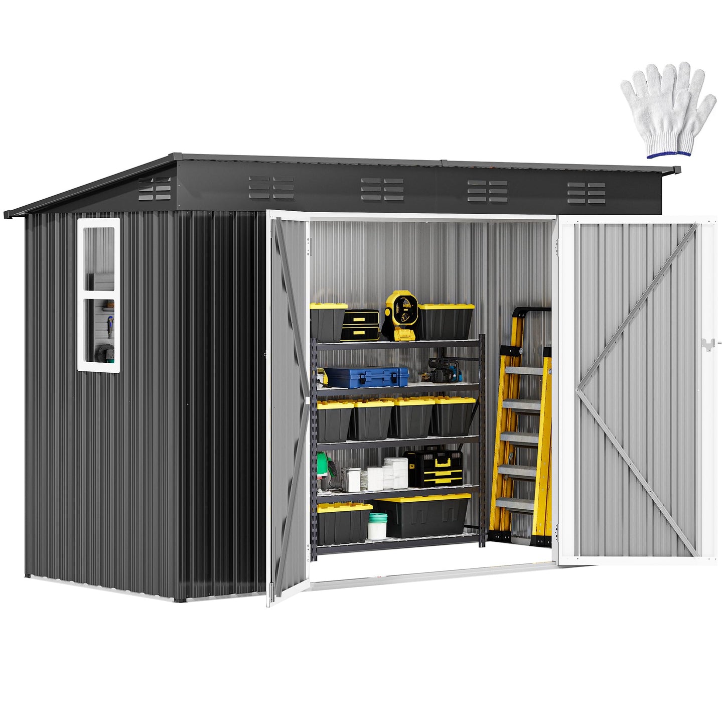 DWVO 9x4ft Large Tool Storage Shed with Window, Lockable Doors, and Sloped Roof, Oversized Steel Outdoor Storage Shed for Garden, Patio, Garage, Backyard, Lawn - Dark Gray