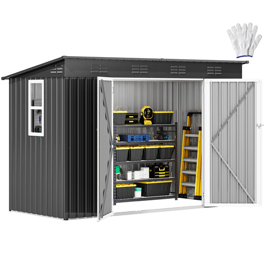 DWVO 9x4ft Large Tool Storage Shed with Window, Lockable Doors, and Sloped Roof, Oversized Steel Outdoor Storage Shed for Garden, Patio, Garage, Backyard, Lawn - Dark Gray