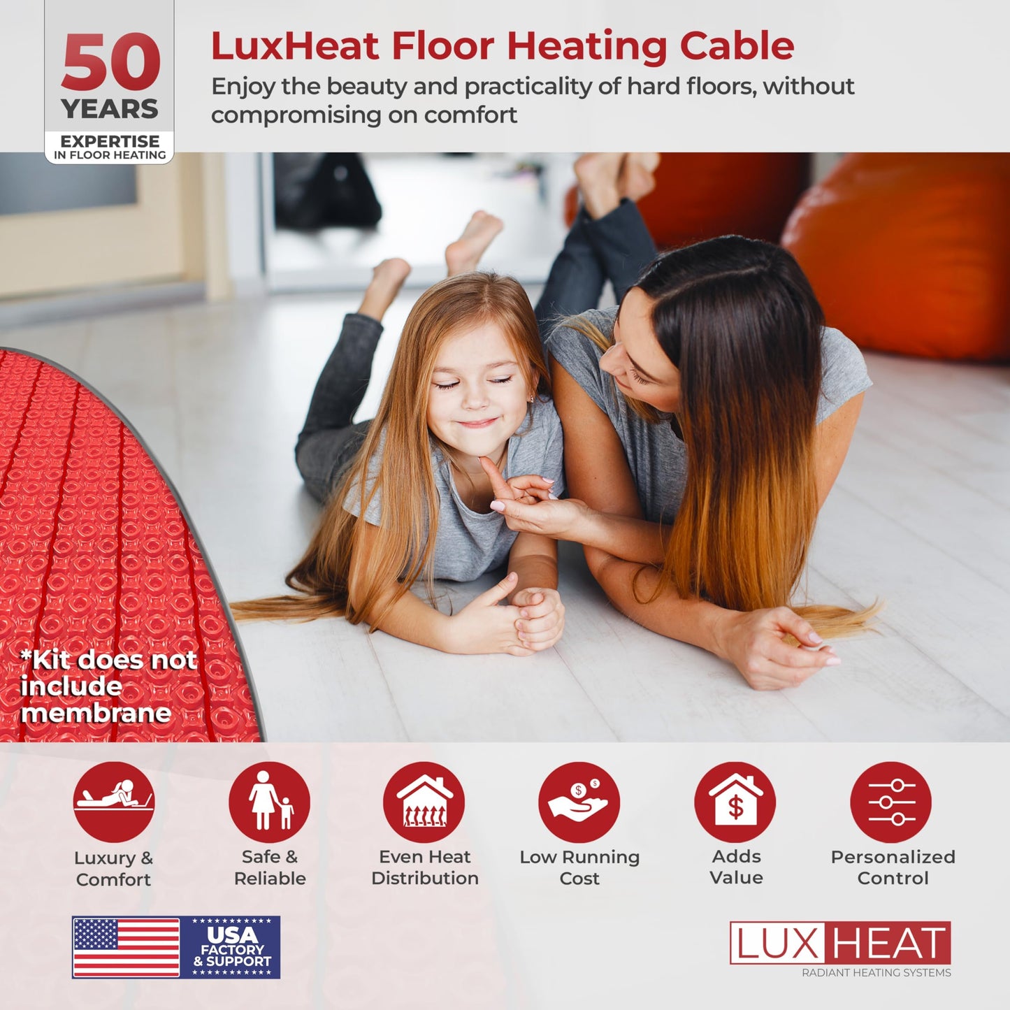 LuxHeat 110sqft Floor Heating Cable Kit - 120v Electric Radiant Heated Floor System - Heated Flooring System Includes UWG4 WiFi Programmable Thermostat w/GFCI, Heating Cable, Alarm & Flooring Sensor