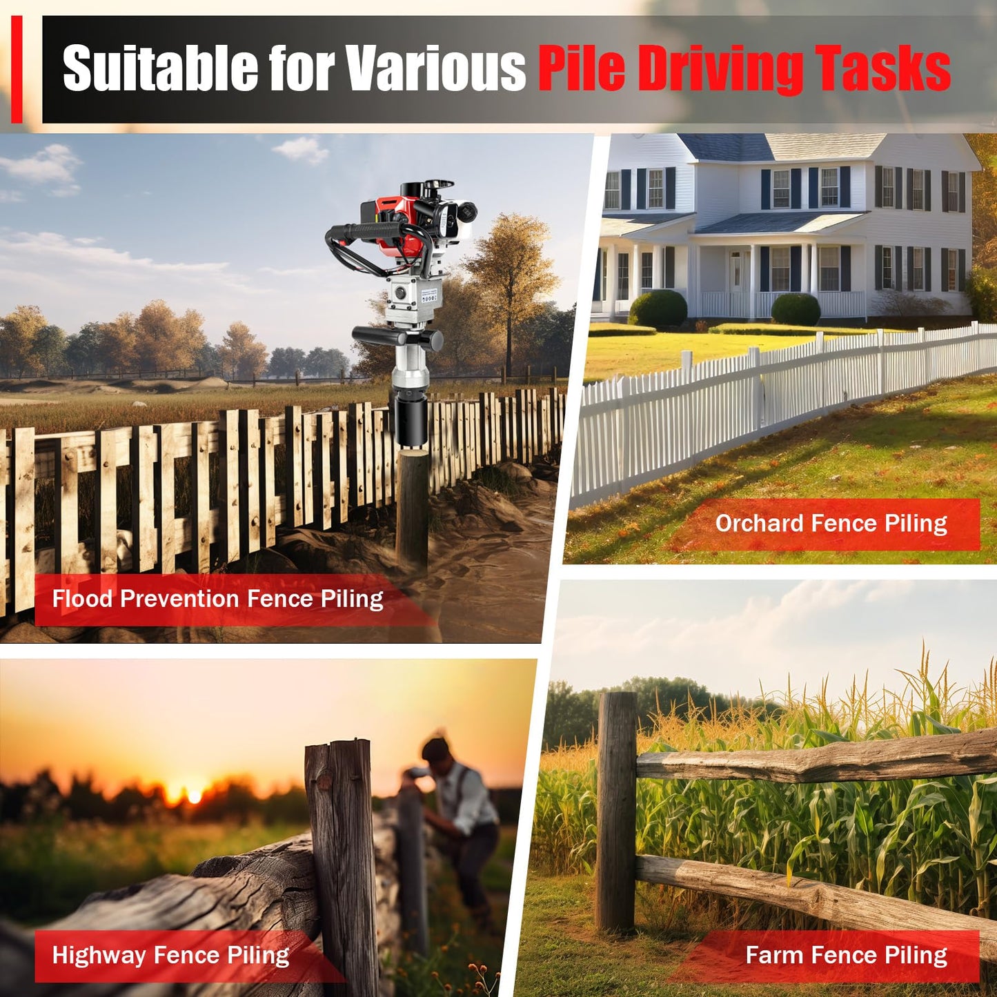 32.6CC 2 Stroke Gas Powered T-Post Driver, 900W Gas Powered Pile Driver Fence Post Driver Portable Petrol Piledriver Single Cylinder Air Cooling 8500r/min