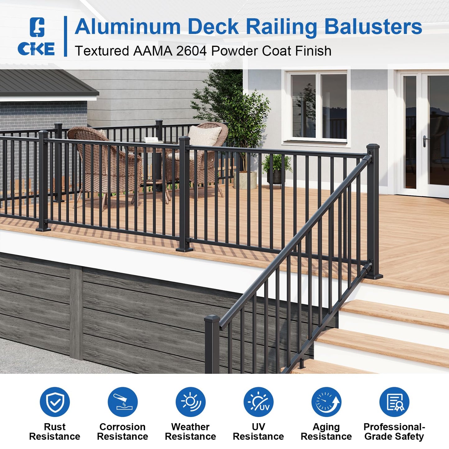 CKE 36 in. H x 8 ft. W Porch and Deck Railing Kit with Post, Aluminum Railing Kit, AAMA 2604 Black Textured Powder-Coat Finish Railing System for Outdoor Decks, Porches & Balconies(1 Post, 1 Panel)