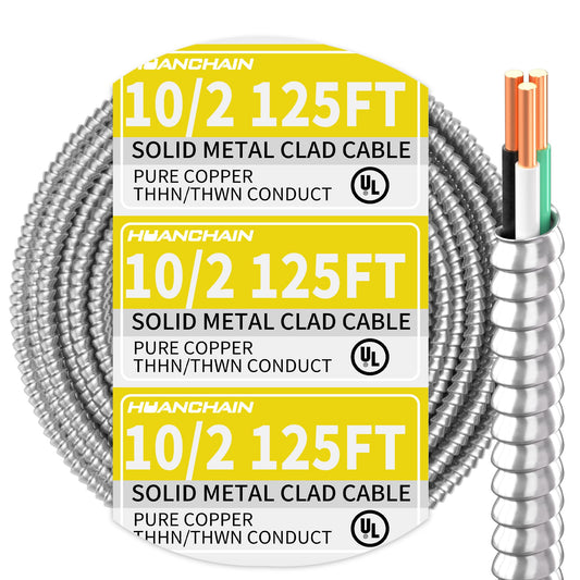 10/2 MC Cable with Ground 125 ft, 10 Gauge 2 Conductors Electrical Wire with Aluminum Armor, Solid Pure Copper Cable for Indoor and Outdoor Underground Installation, UL Listed