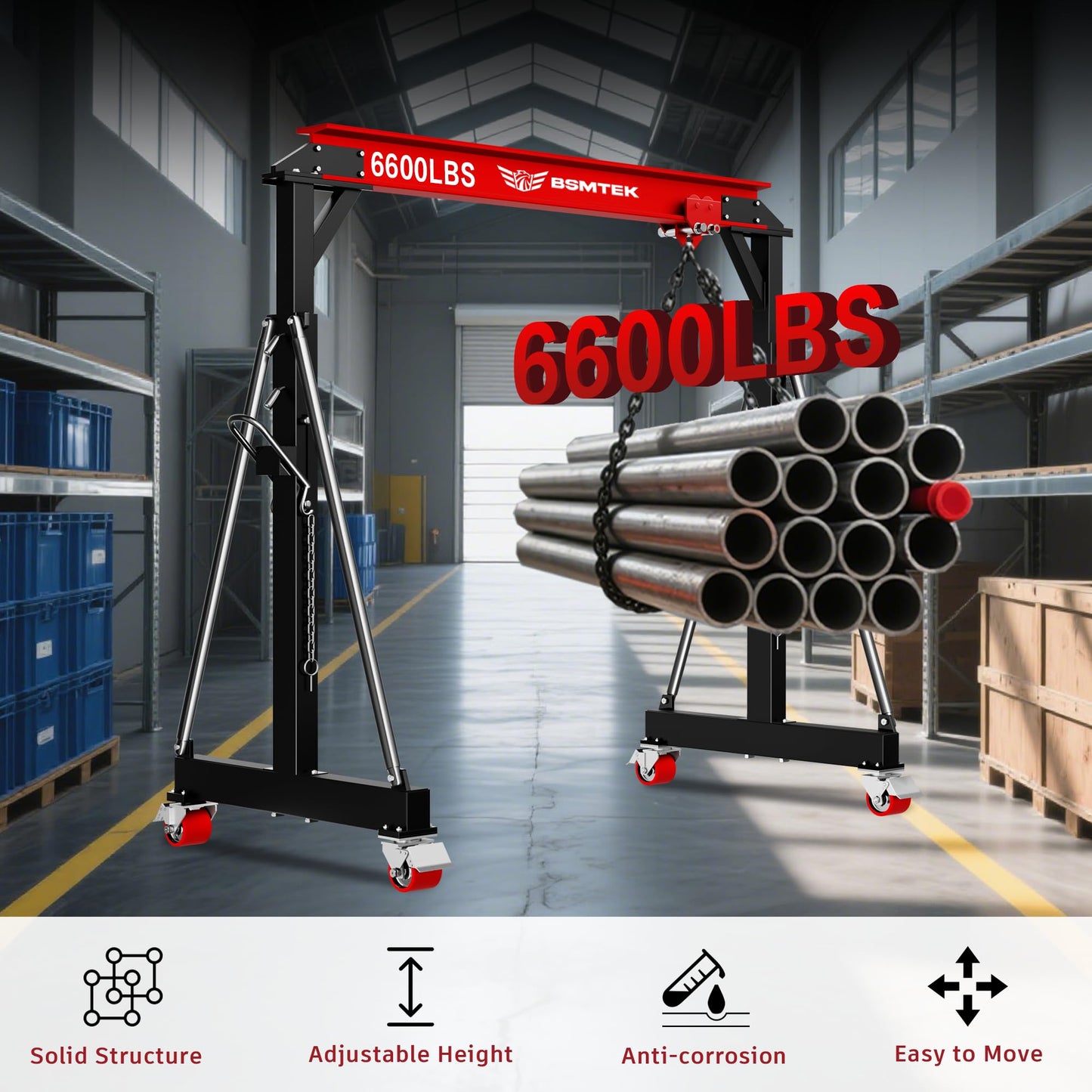 BSMTEK 3 Ton Gantry Crane MAX6600LBS, Adjustable Height (8.53-12.47 FT), Width (8.53 FT), Steel I-Beam Construction, Portable Shop Hoist for Factories, Warehouses, Red