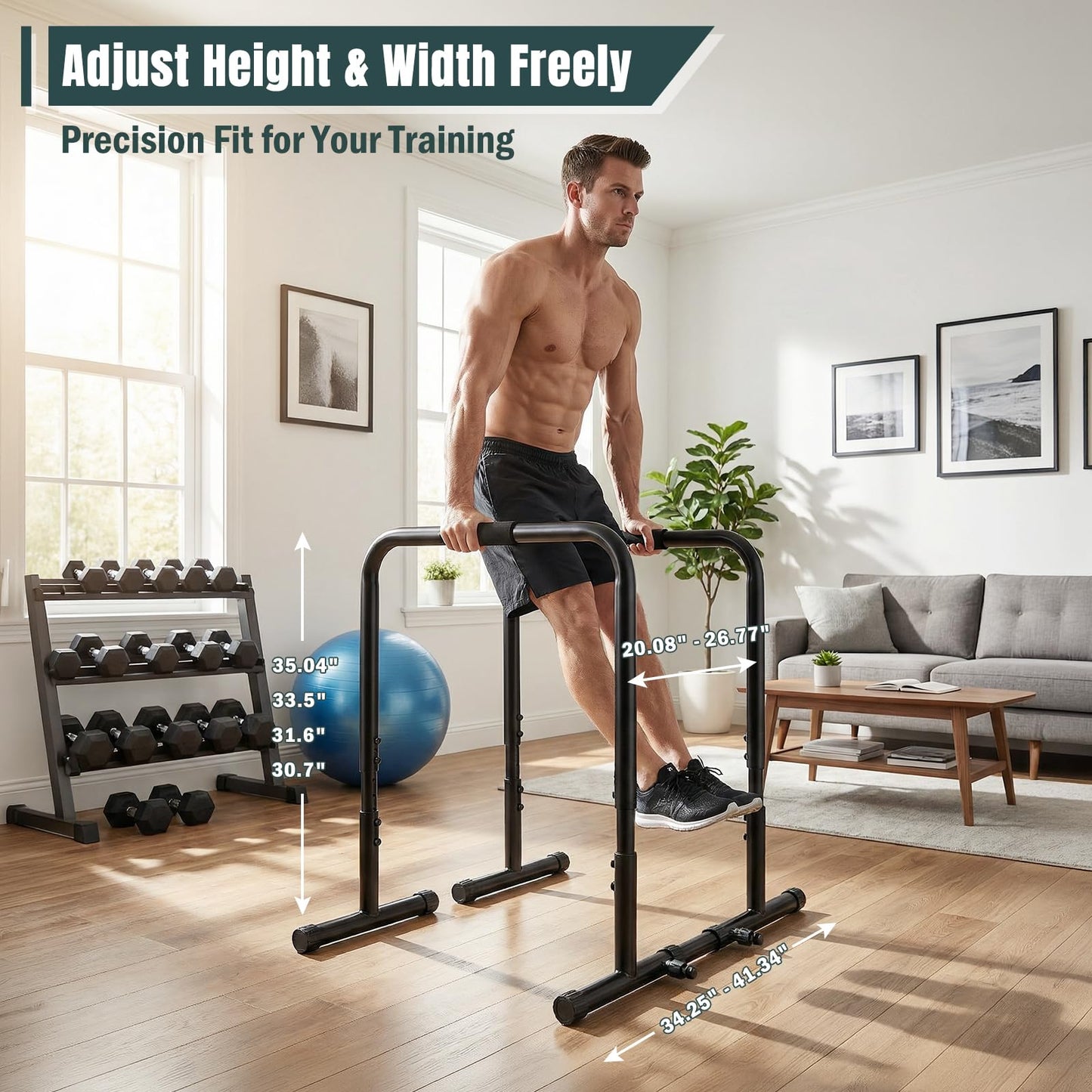 OLIXIS Dip Bar, Adjustable Heavy Duty Dip Bar Station with Soft High-Density Foam Handles, Stabilizer Parallel Parallette Bar Fitness Equipment for Home, Gym, Patio, Office