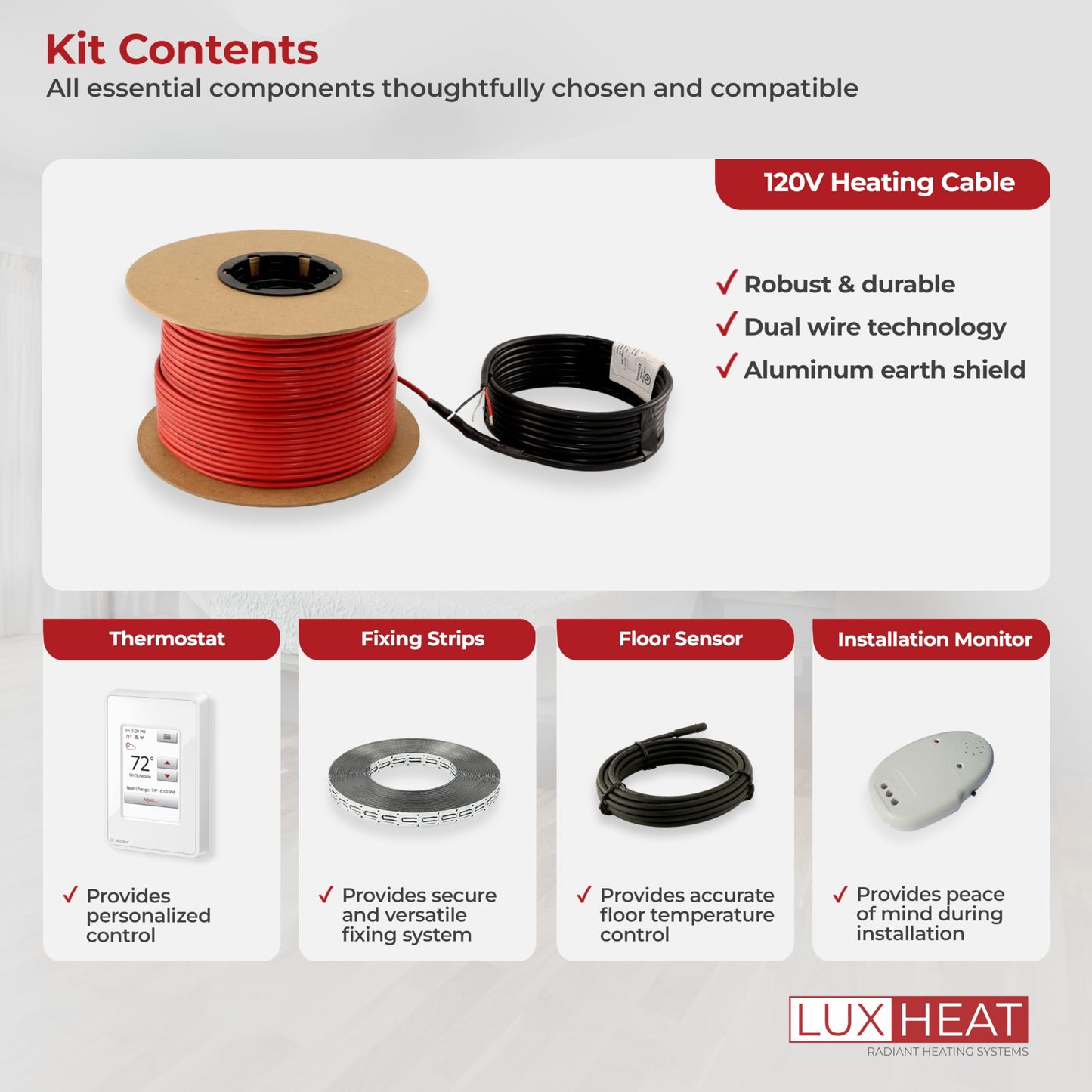 LuxHeat 100sqft Floor Heating Cable Kit - 120v Infloor Heating System - Heated Flooring System Includes UWG4 WiFi Programmable Thermostat w/GFCI, Floor Heat Cable, Strapping, Flooring Sensor & Alarm