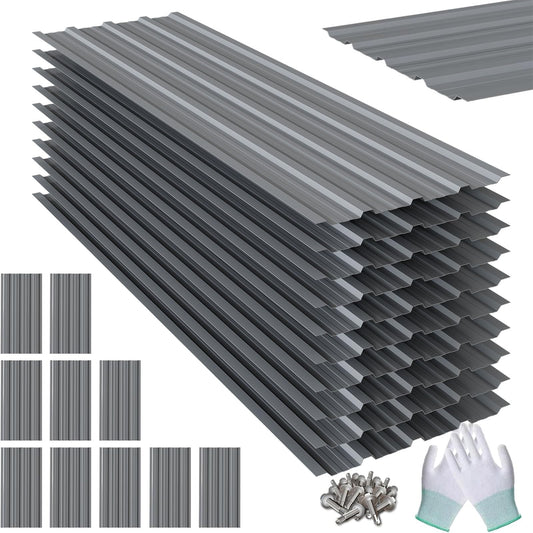 Noliven 10 Pack Corrugated Metal Roofing Panels, 6.1 ft Galvanized Steel Roof Sheets, 17.7 x 73.2 in, Approx. 90 sq.ft Total Panel Area, with Screws, for Sheds, Chicken Coops and Gazebos, Grey