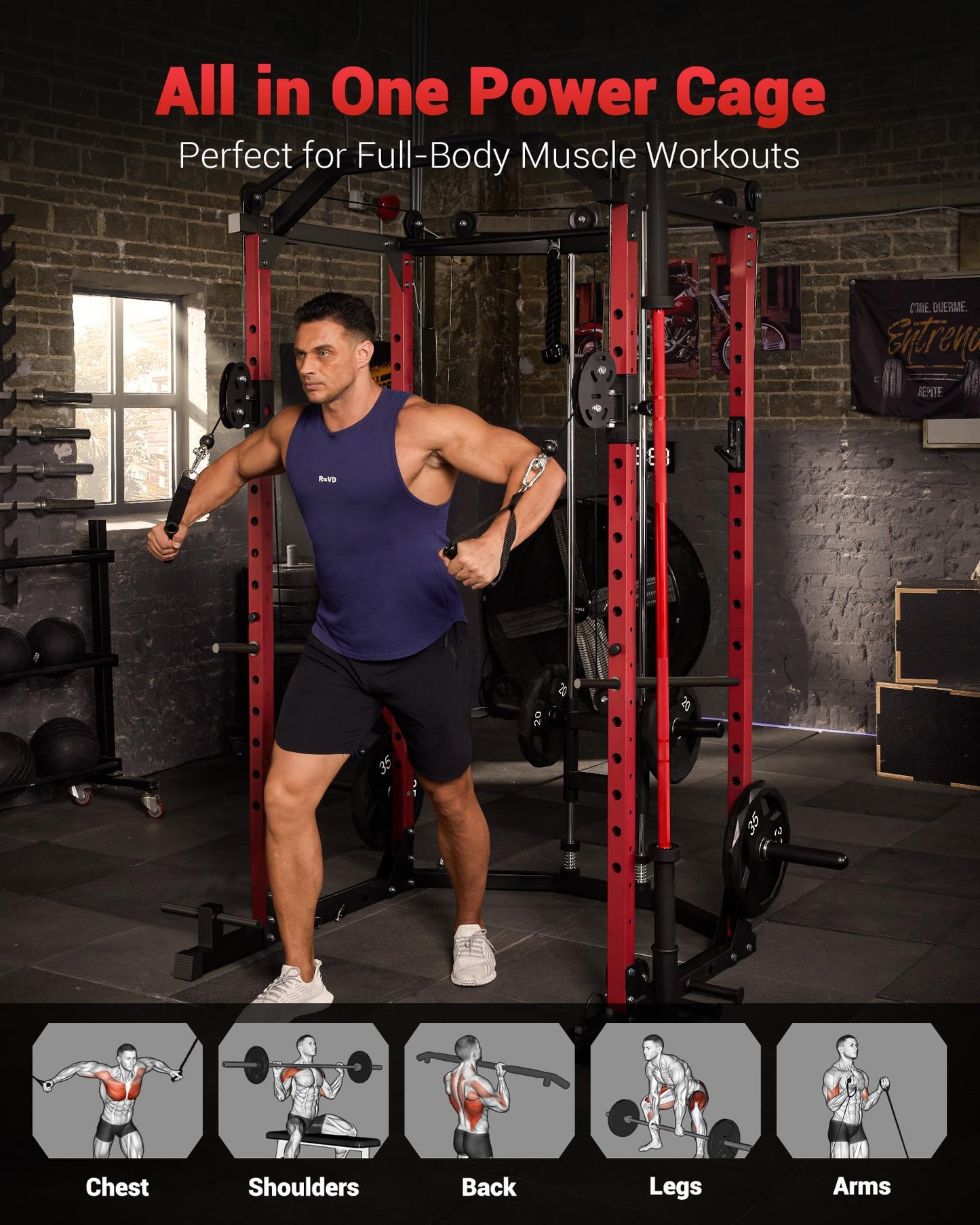 GarveeLife Power Cage, Multi-Functional Power Racks for Home Gym with Cable Crossover System, 1600 LBS Weight Capacity Fitness Squat Rack for Strength Workout with More Training Attachment, Red