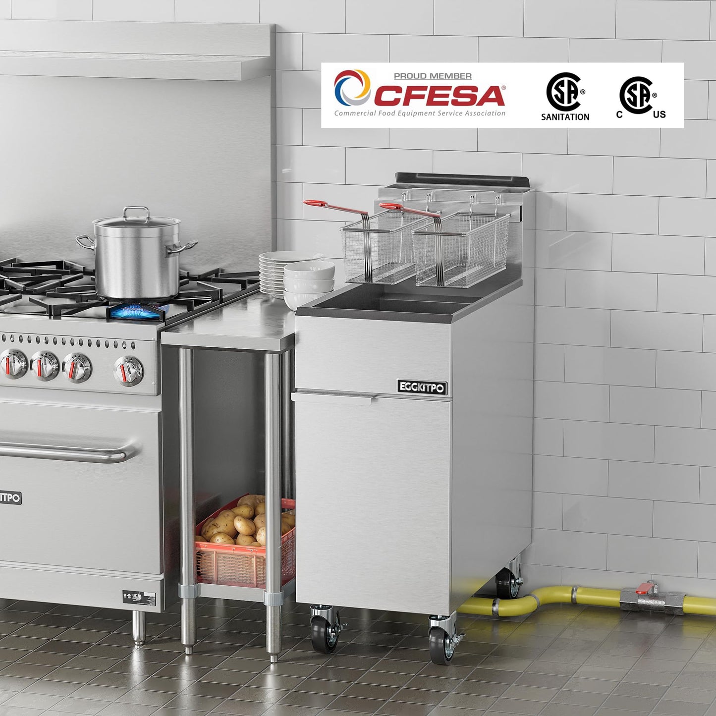 EGGKITPO (ECF4-NG) 50LB 120,000 BTU Natural Gas Fryer and 12L × 2 Commercial Fryer with Timer and Oil Drain Electric Deep Fryer(120v 3500w)