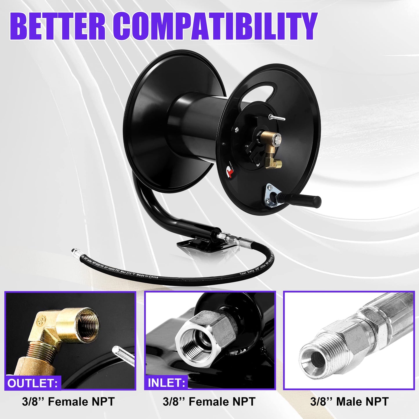 Tool Daily Pressure Washer Hose Reel, 150 FT Heavy Duty Steel Hose Reel for Power Washer, 3/8" Hose Reel Hand Crank, 4000 PSI