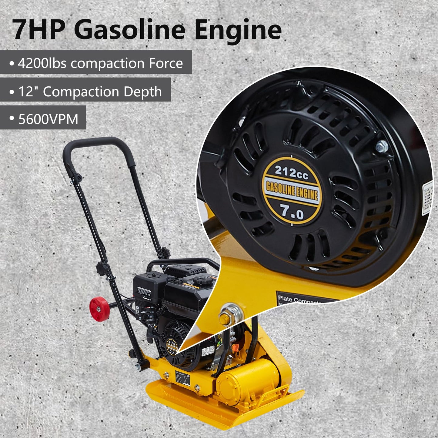 GarveeHome 7HP Plate Compactor Rammer, 212CC Gas Engine, 4200lbs Vibratory Compaction Tamper, 22.1x15.9 in Plate Force Rammer, 5600 VPM Pavement Compactor, Jumping Jack Tamper for Walkways, Paving