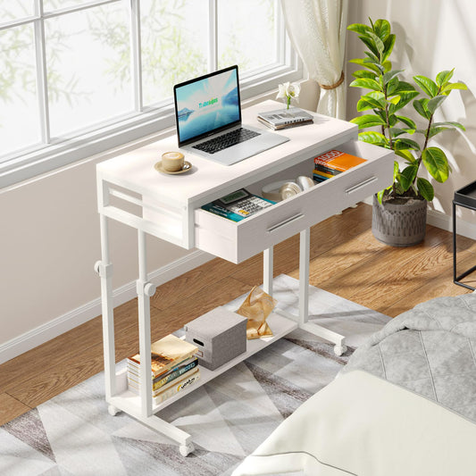 Tribesigns Portable Desk with Drawers, Mobile Laptop Desk with Wheels, Sofa Side Table Bed Desks, Small Standing Desk for Home Office (White)