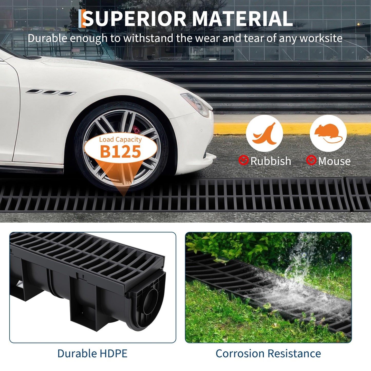 GarveeHome 5-Pack HDPE Trench Drain System, 5.9" w x 5.1" h Driveway Drainage Channel with Plastic Grates & End Caps, Heavy Duty for Patio, Garage, Yard & Pool Deck - Black 39.4" l