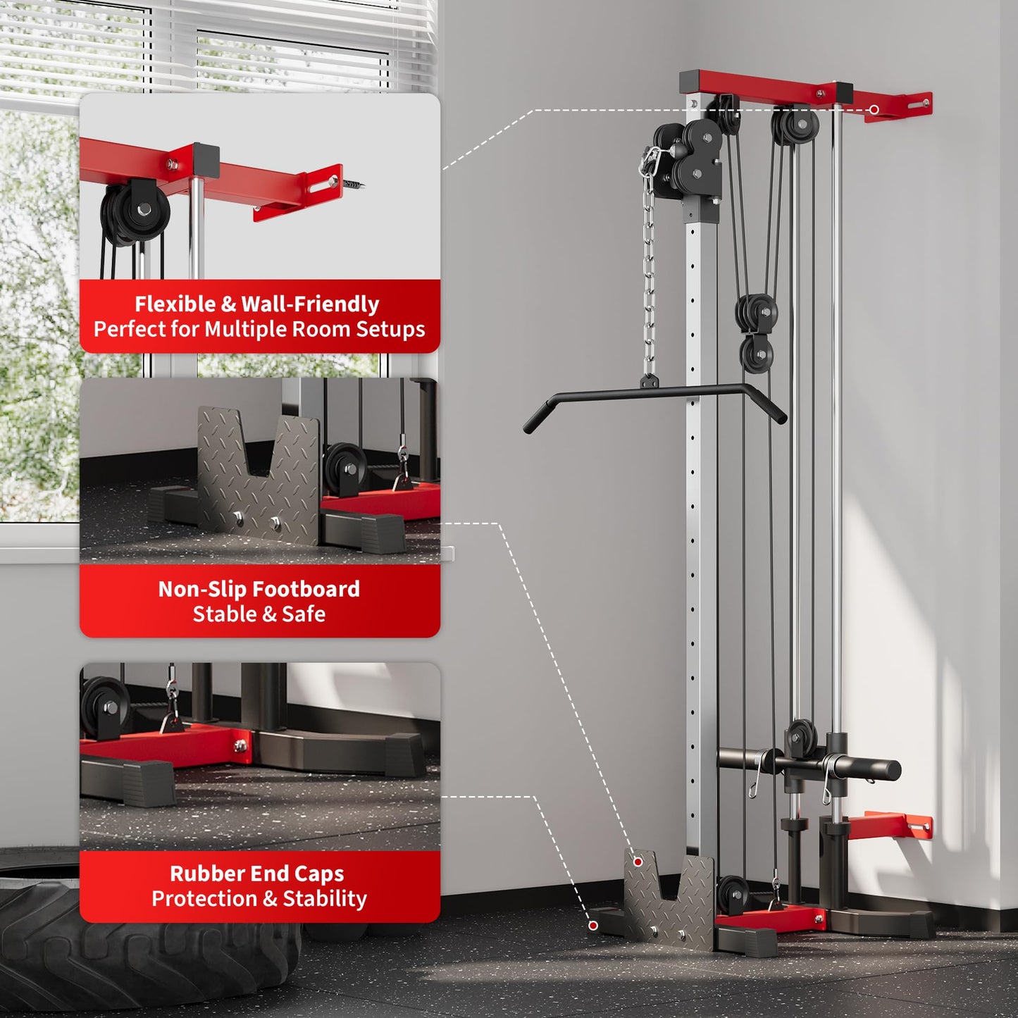 Wall Mount Cable Station – Dual Pulley Cable Crossover Machine with 18 Adjustable Positions, Tricep Rope, T-Bar, LAT Pulldown Bar & Foot Board for Home Gym Strength Training