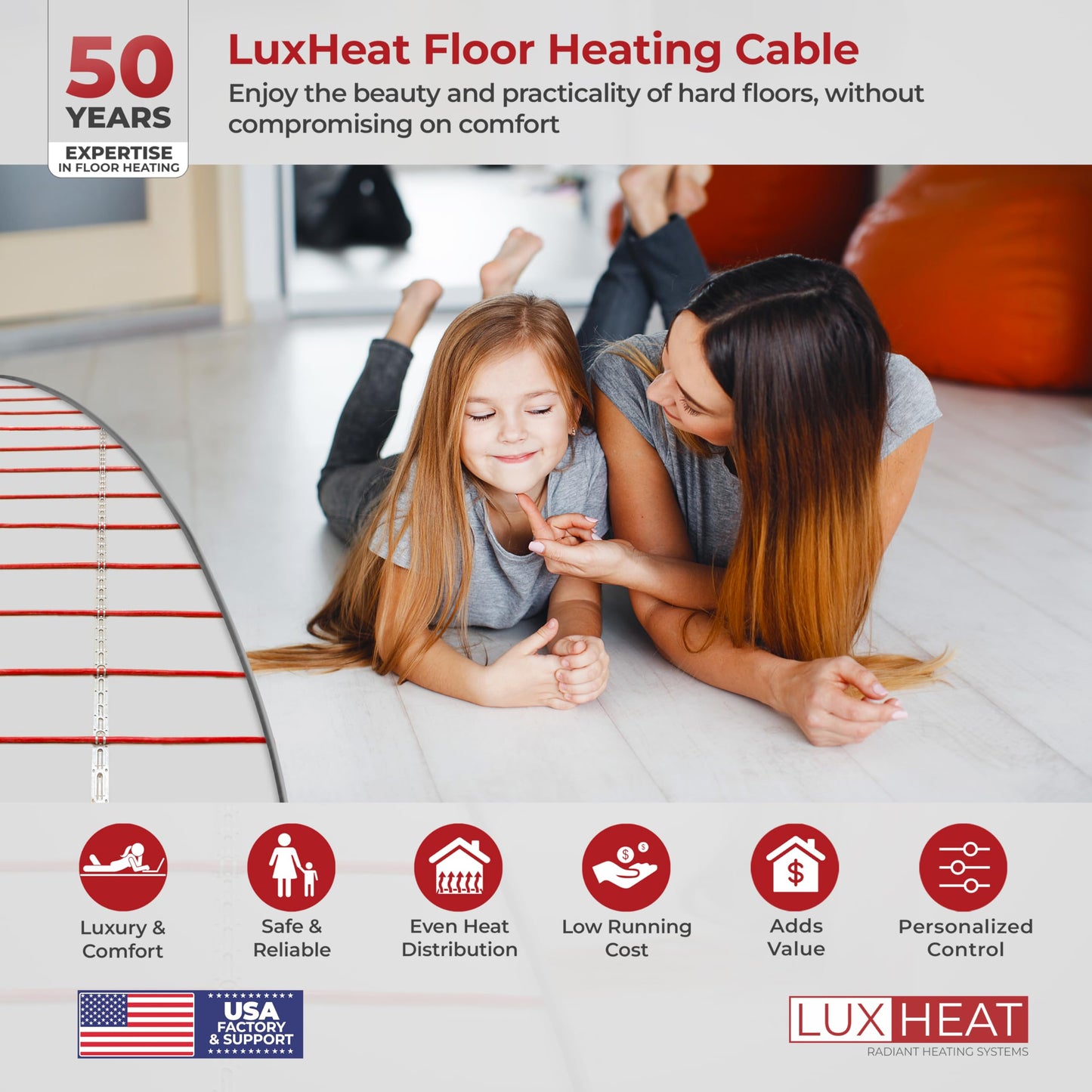 LuxHeat 100sqft Floor Heating Cable Kit - 120v Infloor Heating System - Heated Flooring System Includes UWG4 WiFi Programmable Thermostat w/GFCI, Floor Heat Cable, Strapping, Flooring Sensor & Alarm