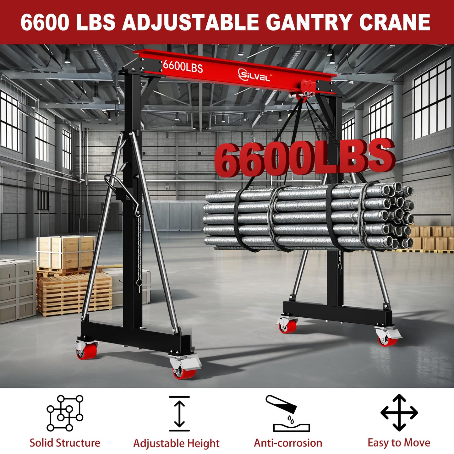 SILVEL 3 Ton 6600Lbs Gantry Crane, 8.53FT Maximum Capacity Width, Adjustable Height 8.53-12.47FT, Portable Shop Lift Hoist with 3 Ton Manual Trolley for Factories, Warehouses, Garage, Red