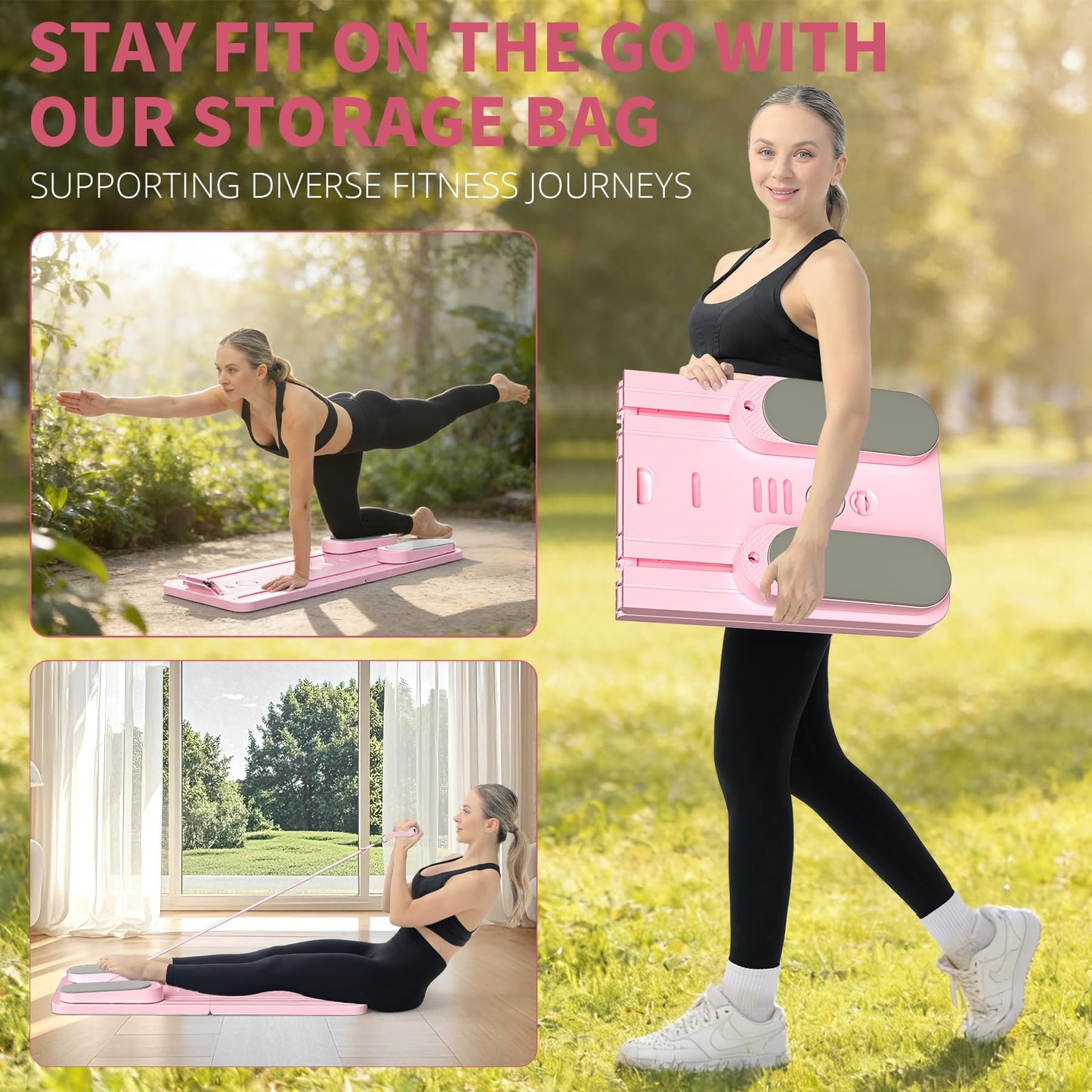 VigorEdge Pilates Board - Pilates Reformer Set, Multi-Purpose Foldable Pilates Reformer Board for Home,11 in 1 Pilates Equipment (Pink)