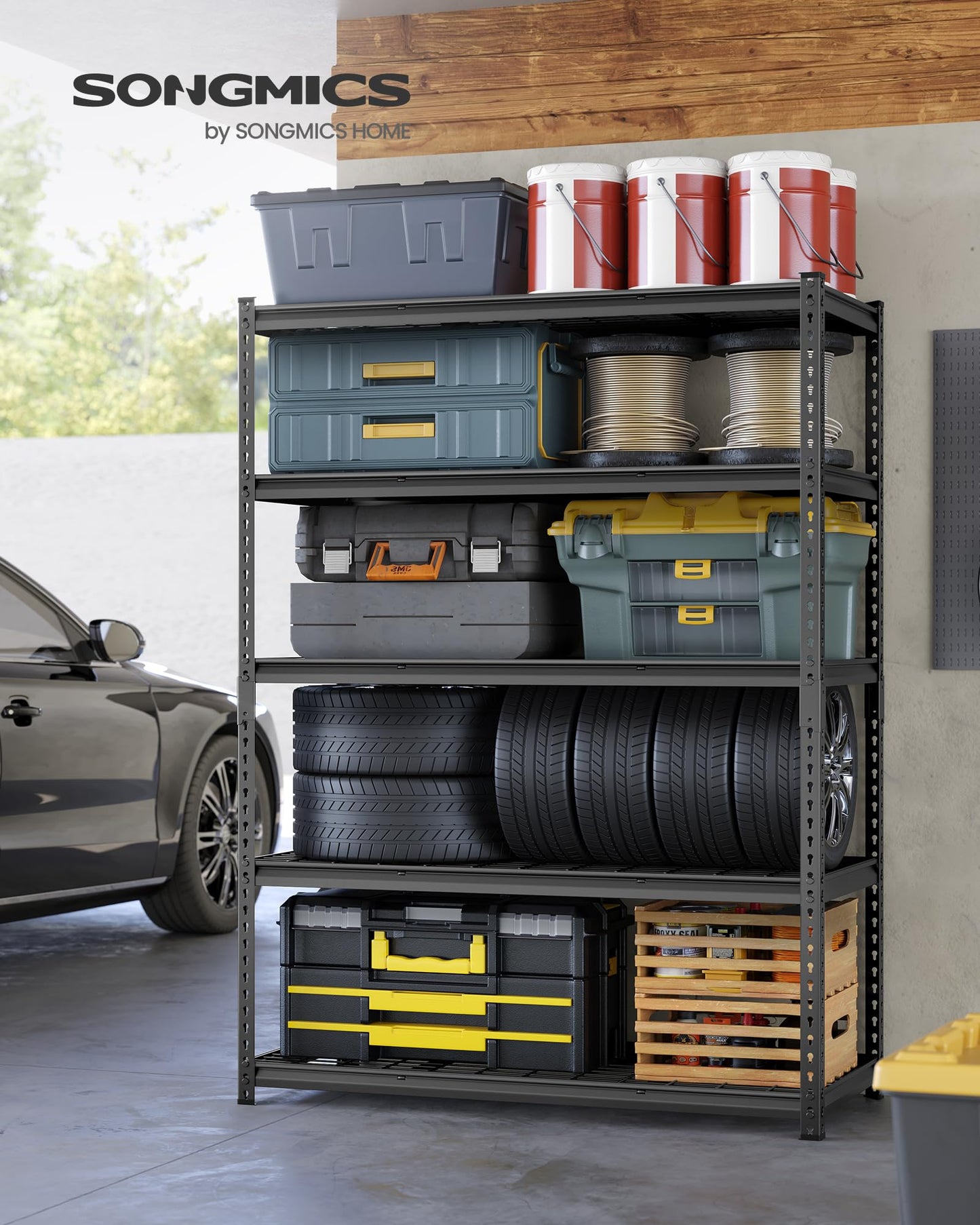 SONGMICS 5-Tier Storage Shelves, Heavy-Duty Garage Shelving, Adjustable Shelving Unit, Steel Shelf, Boltless Assembly, for Garage, 2,200 lb Load, 24 x 48 x 72 Inches, Ink Black UGLR454B01