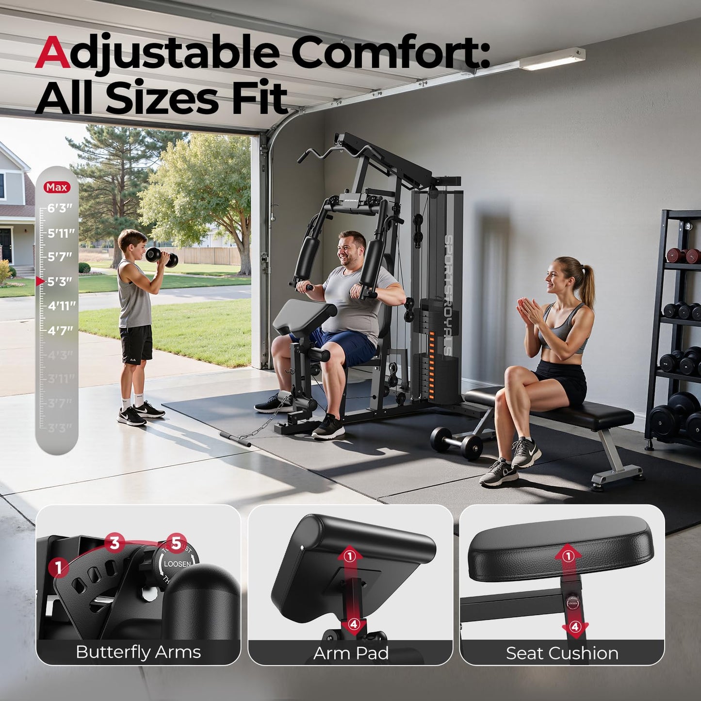 Sportsroyals Home Gym, Multifunctional Gym Equipment, Workout Equipment with 154LBS Weight Stack, for Leg Press, LAT Pull Down, Chest Presses