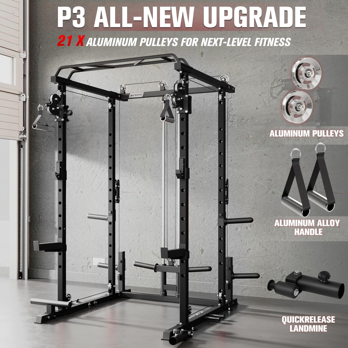 RitFit Multi-Function Garage & Home Gym Package Includes 1200LBS Power Cage PPC-P3 with Cable Crossover System, Weight Bench, Olympic Barbell Weight Set, Full Body Workout-BLK,Bumper Plate 230lbs