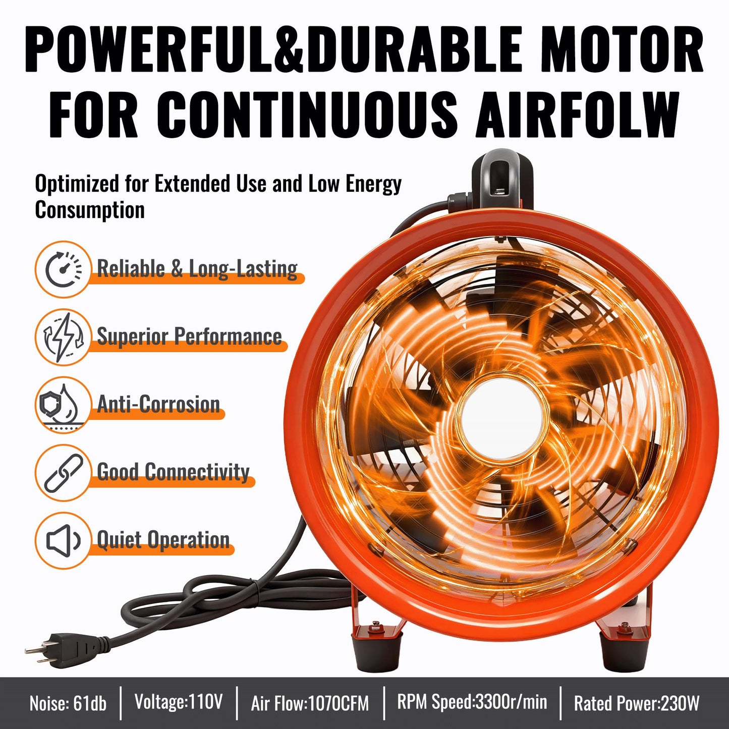 8-Inch Utility Blower Fan, 3300 RPM High-Speed Industrial Exhaust Fan with 33ft Flexible Duct Hose, Low Noise 61dB Portable Ventilator for Crawl Space, Basement Drying, Workshop Ventilation
